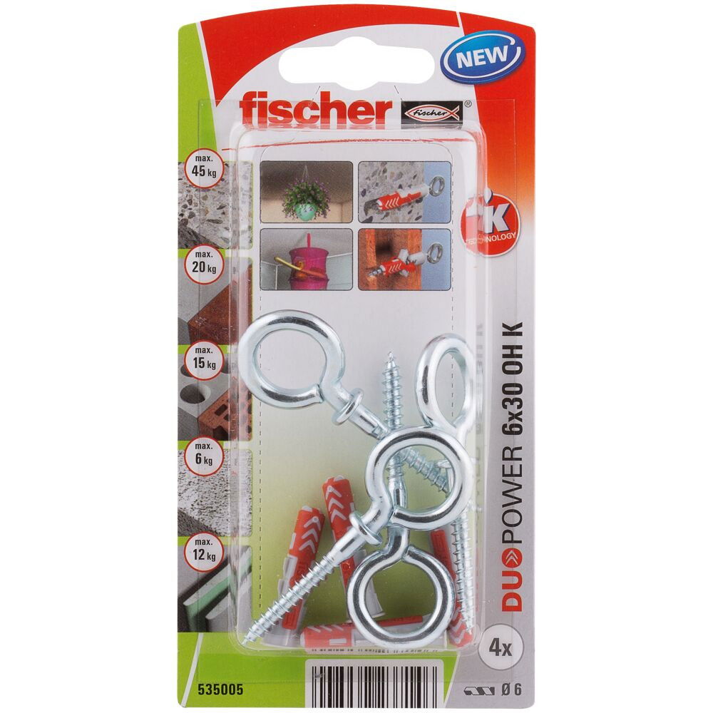 Fischer DUOPOWER dübel 6 x 30 OH K NV - szemescsavarral, bliszteres, 4 db/csomag termék fő termékképe